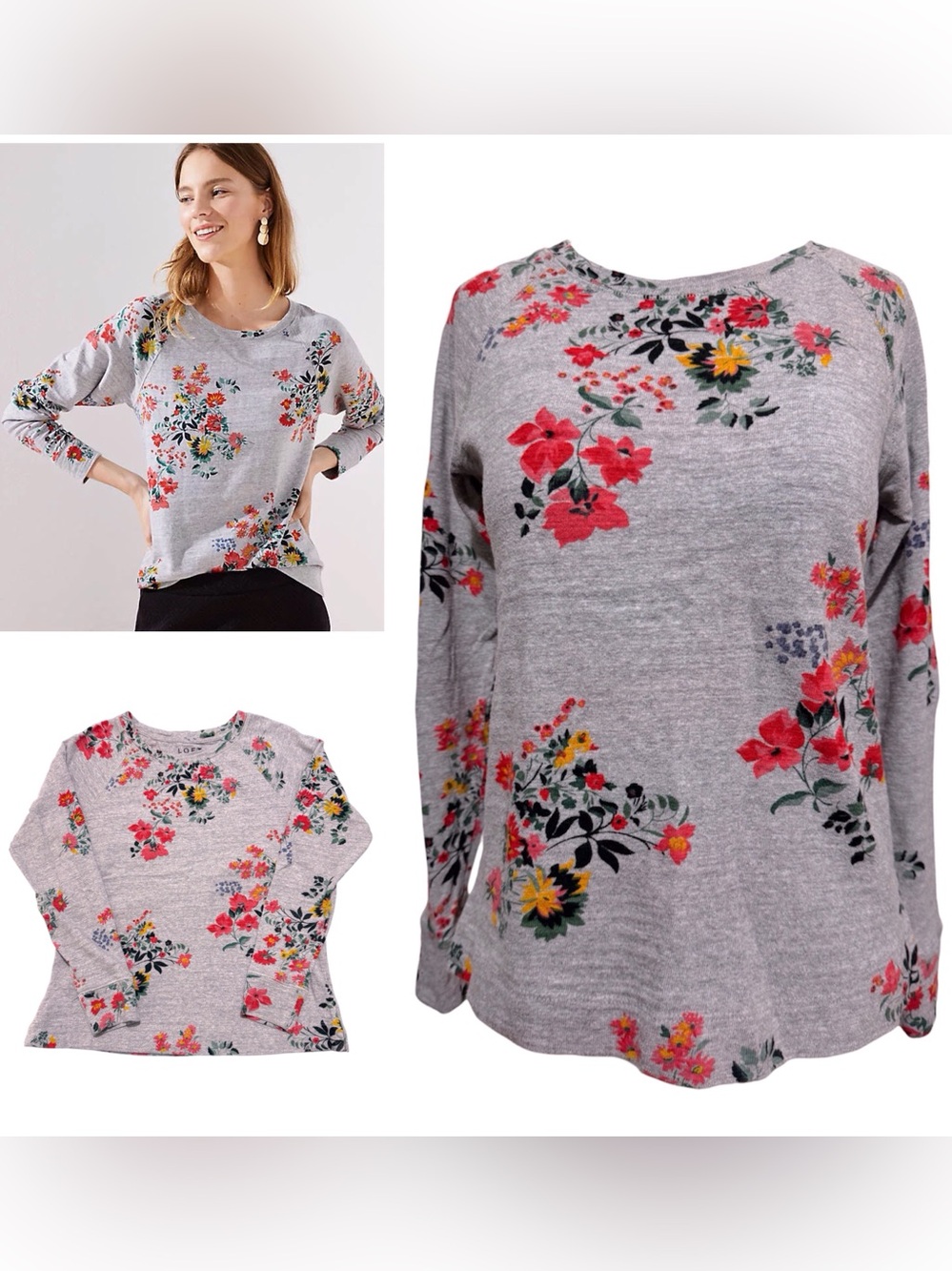 Loft Winter Bouquet Sweatshirt Gray Floral Sweater XSMALL